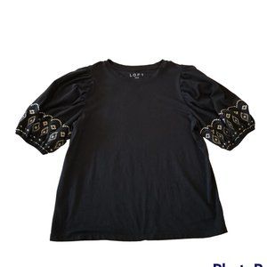 Ann Taylor LOFT Black Embroidered Short Puff  Sleeve Shirt, Size M